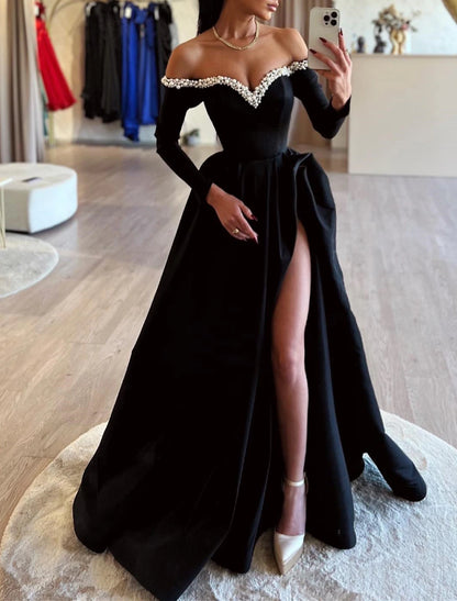 A-Line Evening Gown Formal Sweep / Brush Train Long Sleeve Off Shoulder Satin with Pearls Slit&nbsp;