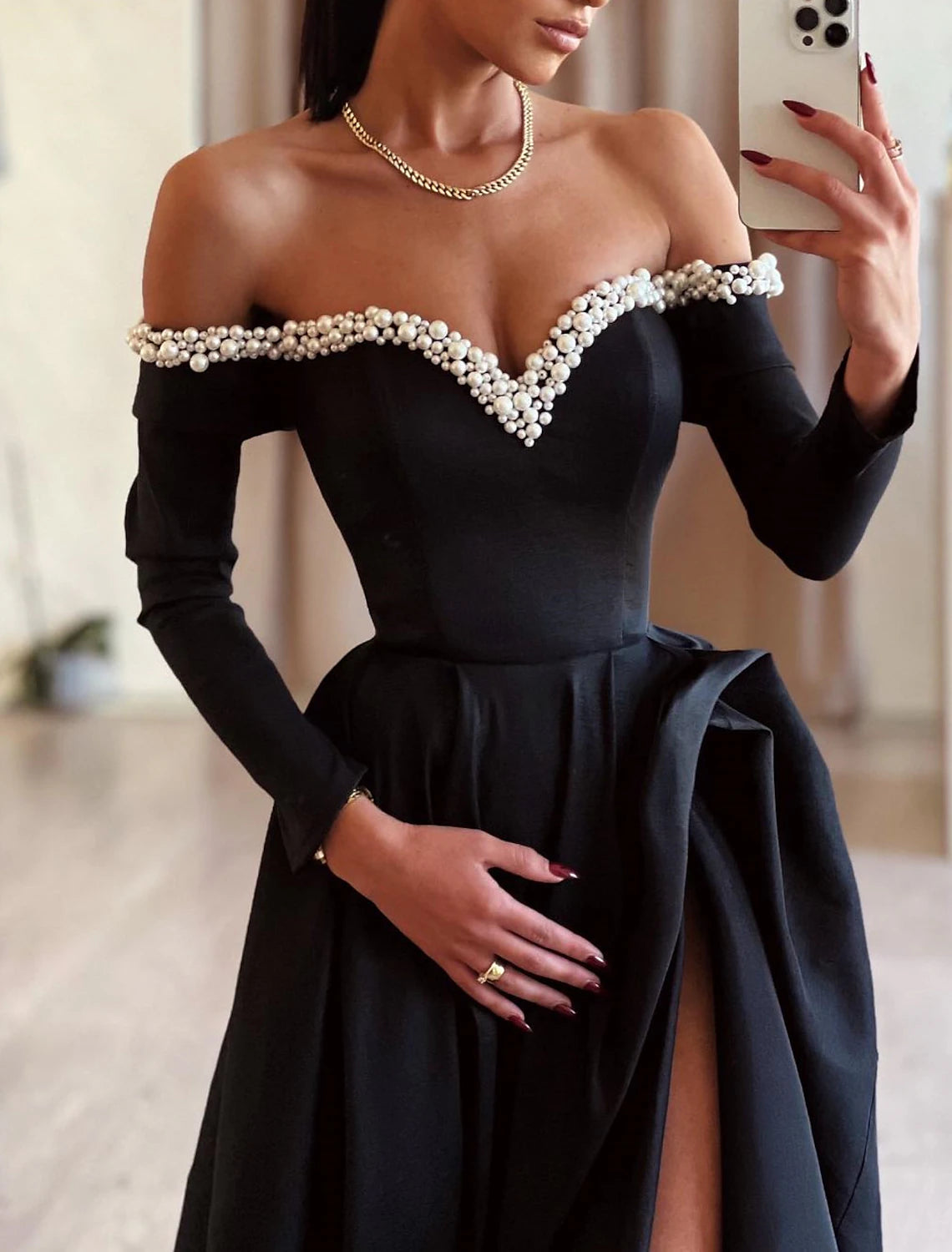 A-Line Evening Gown Formal Sweep / Brush Train Long Sleeve Off Shoulder Satin with Pearls Slit&nbsp;