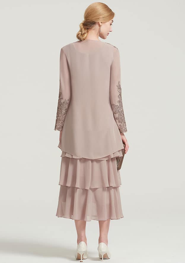 Scoop Neck Sleeveless Tea-Length Chiffon Mother of the Bride Dress With Jacket Ruffles Appliqued