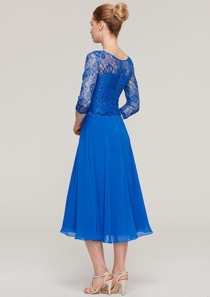 A-line/Princess Bateau 3/4 Sleeve Tea-Length Chiffon Mother of the Bride Dress With Beading Lace