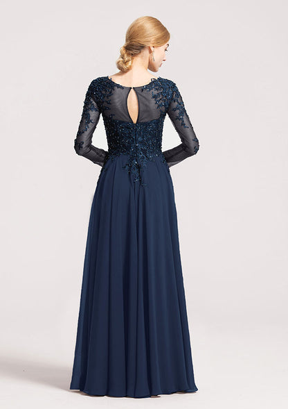 A-line Bateau 3/4 Sleeve Floor-Length Chiffon Mother of the Bride Dress With Beading Appliqued