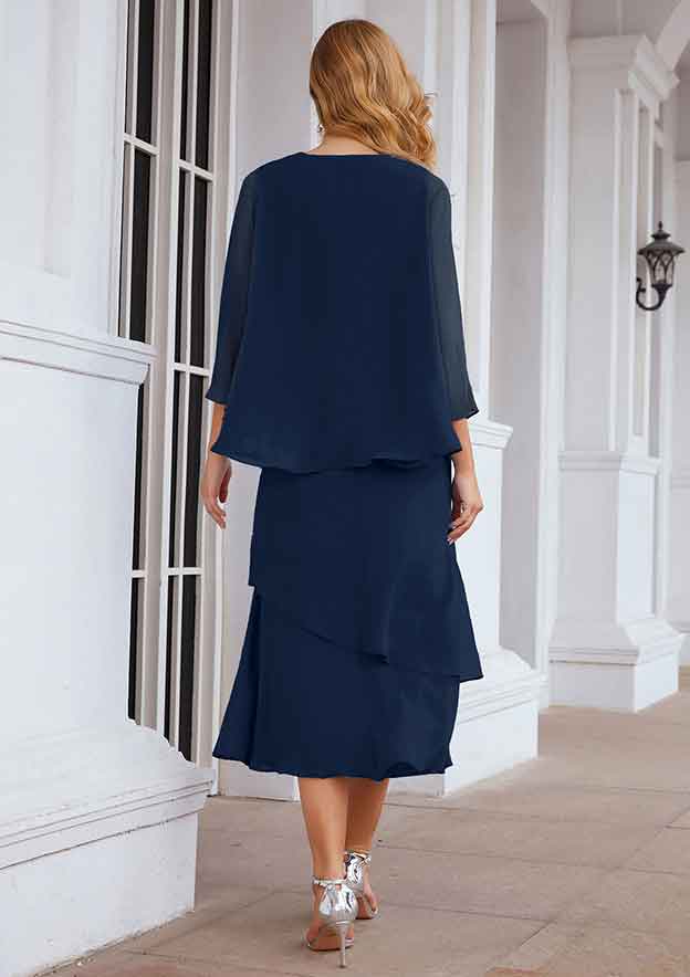 A-line Bateau Tea-Length Chiffon Mother of the Bride Dress With Pleated and Jacket