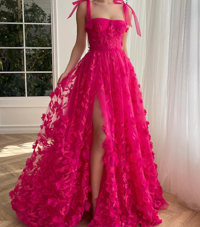 Fuchsia Elegance Lace Prom Dress Women Gown Romance Tulle With Slit