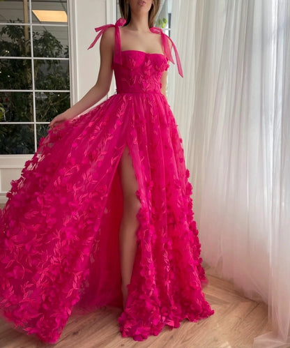 Fuchsia Elegance Lace Prom Dress Women Gown Romance Tulle With Slit