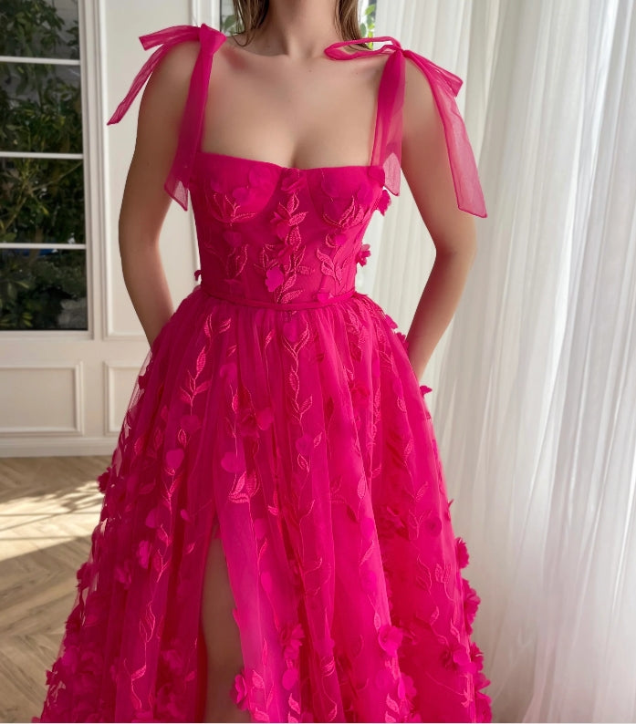 Fuchsia Elegance Lace Prom Dress Women Gown Romance Tulle With Slit