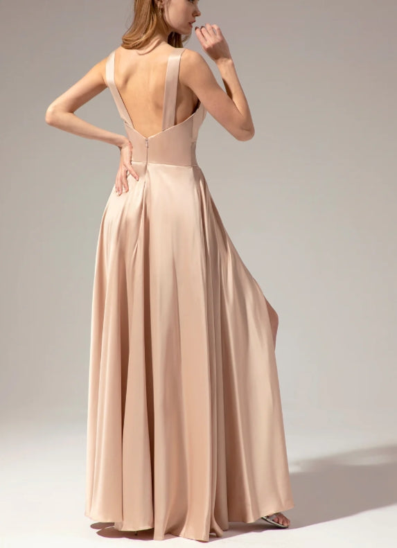 Satin V-neck Wedding Guest Dress Long Prom Party Dress With Slit