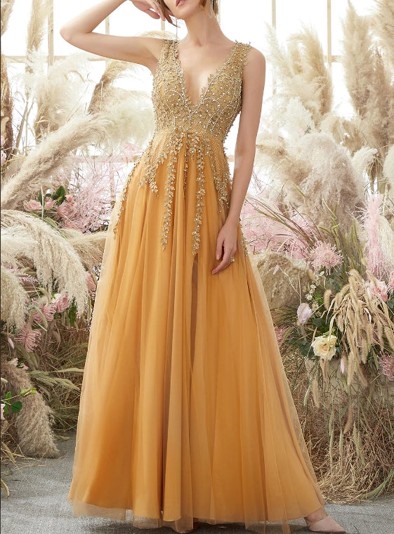 Deep V-neck Long Prom Dress with Appliques