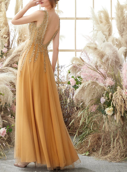 Deep V-neck Long Prom Dress with Appliques