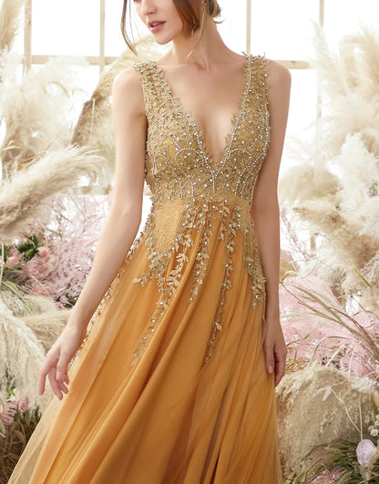 Deep V-neck Long Prom Dress with Appliques