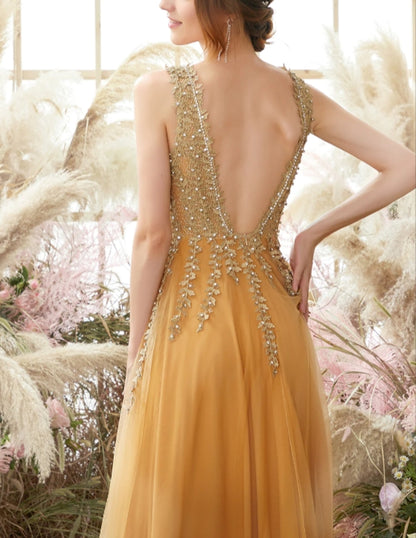 Deep V-neck Long Prom Dress with Appliques