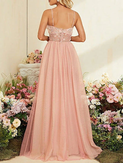 A-Line Spaghetti Straps Blush Prom Dress with Slit