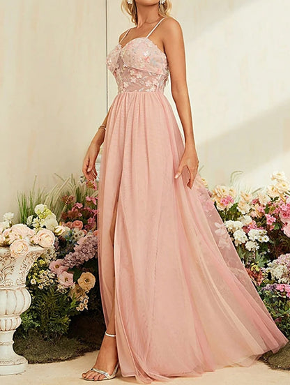 A-Line Spaghetti Straps Blush Prom Dress with Slit