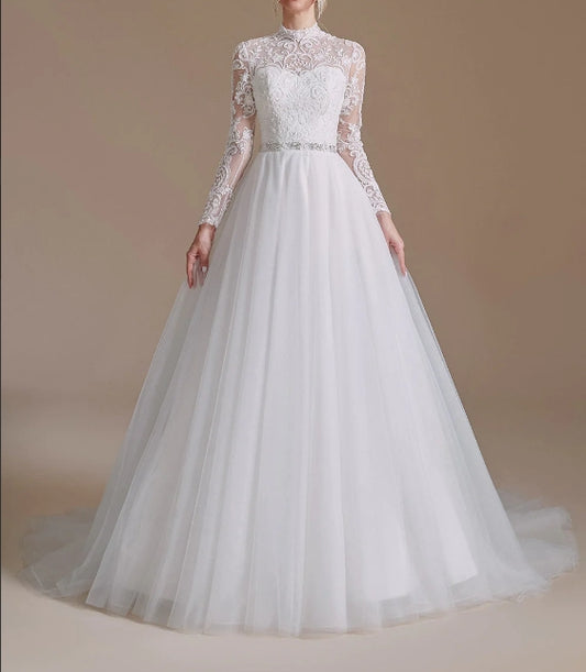 White A-Line High Neck Long Sleeves Wedding Dress with Lace