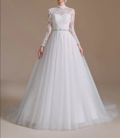 White A-Line High Neck Long Sleeves Wedding Dress with Lace