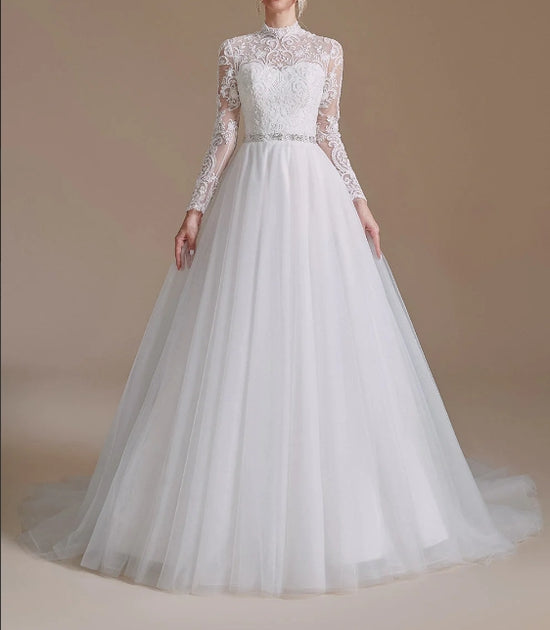 ALIUR White Lace Wedding Gown with X Neckline