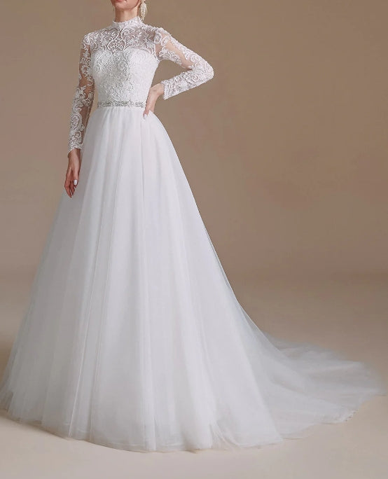 White A-Line High Neck Long Sleeves Wedding Dress with Lace