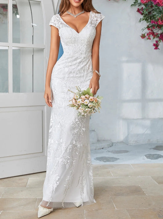 Ivory Mermaid Lace V-Neck Wedding Dress Backless Elegant Long Dress