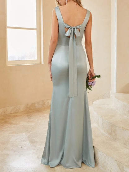 Light Green Satin Bridesmaid Dress with Slit  Wedding Guest Dress