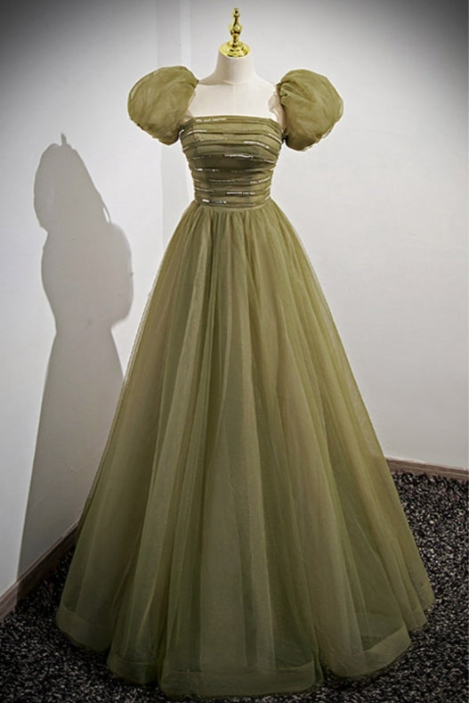 Cute A-Line Green Tulle Long Modest Prom Dress with Removable Sleeves