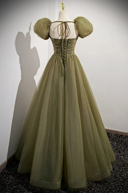 Cute A-Line Green Tulle Long Modest Prom Dress with Removable Sleeves