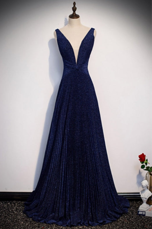 Navy Blue Pleated Deep V-Neck Backless Metallic Prom Dress