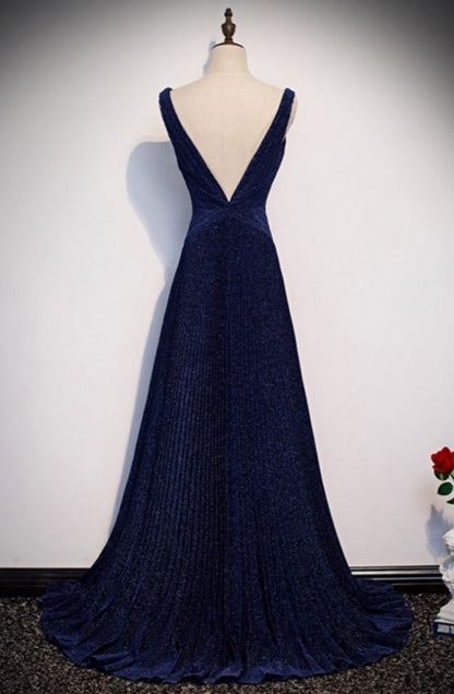 Navy Blue Pleated Deep V-Neck Backless Metallic Prom Dress