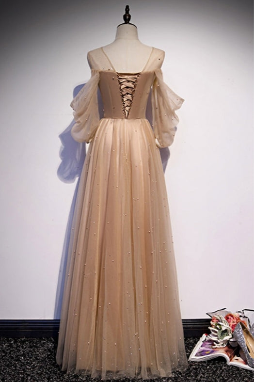 A-Line Elegant Cold Shoulder Champagne Aline Prom Dress with Beadings