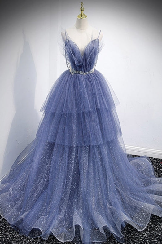 Elegant Party Dress Stunning Ballgown Ruffled Tulle Long Prom Dress with Train