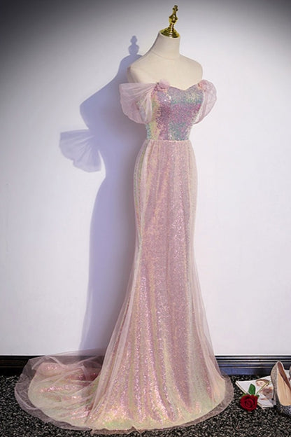 Pink Sparkly Mermaid Long Prom Dress Off Shoulder