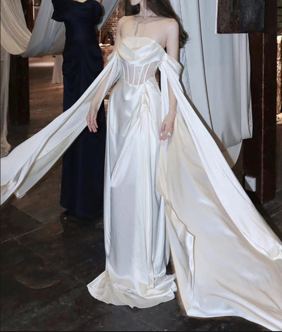 White round neck satin long prom gown, evening dress