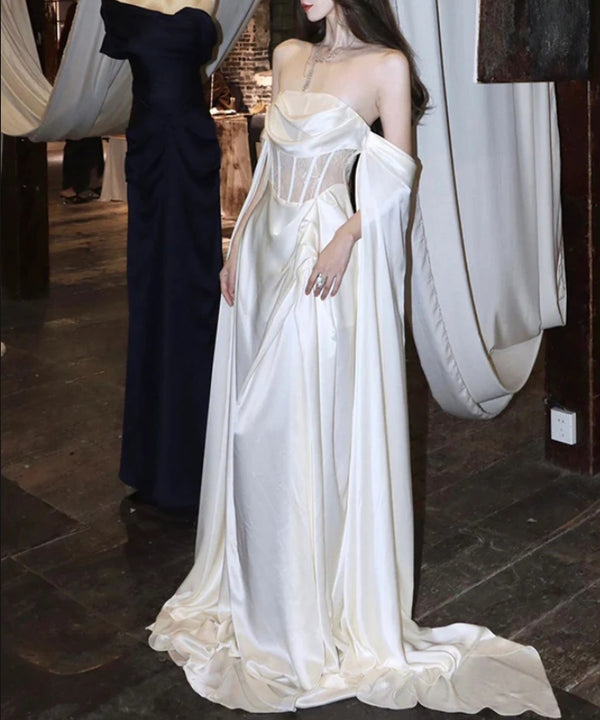 White Satin Short Sleeves Prom Dress Exquisite tailoring Short Party Gown