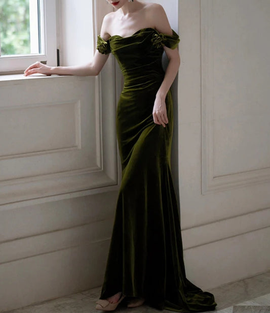 Mermaid Sweetheart Off Shoulder Formal Long Dress Green Velvet Prom Dress