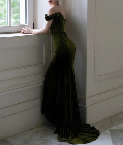 Mermaid Sweetheart Off Shoulder Formal Long Dress Green Velvet Prom Dress