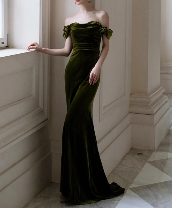 Mermaid Sweetheart Off Shoulder Formal Long Dress Green Velvet Prom Dress