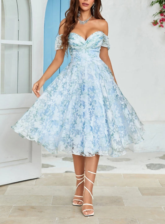 A-Line Blue Party Dress Off The Shoulder Printed Blue Tea-Length Cocktail Dress