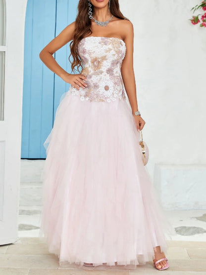 Sequins/Sparkling Party Dress Strapless A Line Pink Tulle Long Prom Dress with Appliques