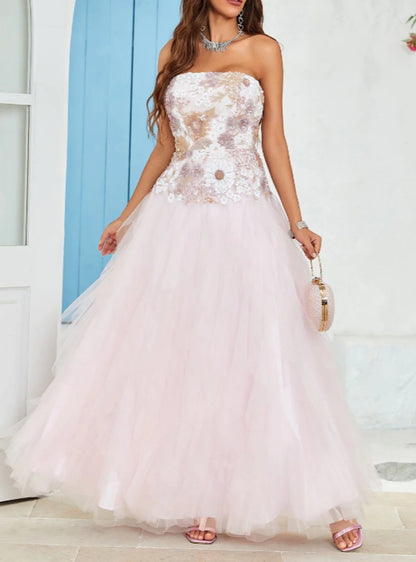 Sequins/Sparkling Party Dress Strapless A Line Pink Tulle Long Prom Dress with Appliques