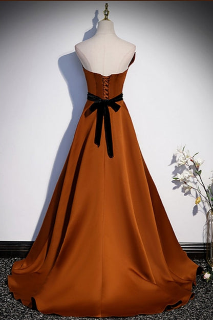 Brown Satin Strapless Elegant Ruffled Prom Dress Evening Dress