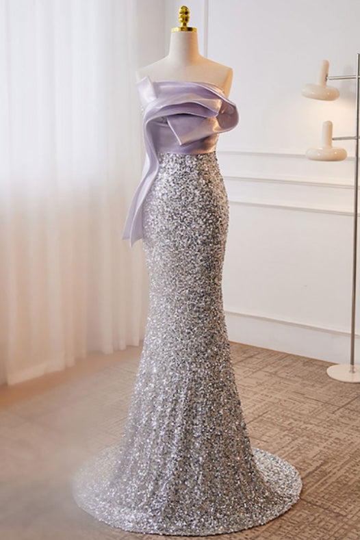 Elegant Purple And Silver Sequined Evening Prom Dress Strapless