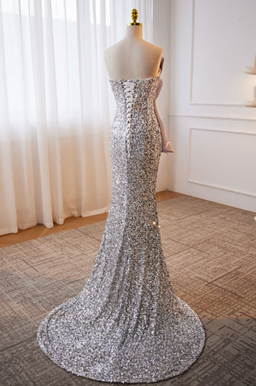 Elegant Purple And Silver Sequined Evening Prom Dress Strapless