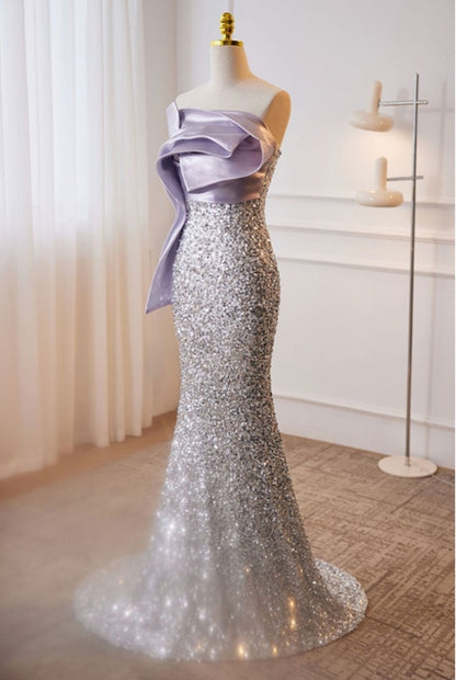 Elegant Purple And Silver Sequined Evening Prom Dress Strapless