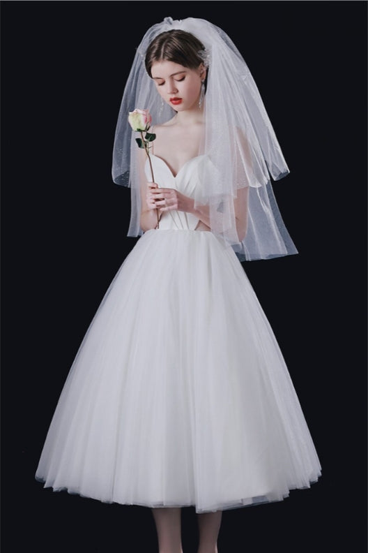 White Simple Chic Tea Length White Tulle Wedding Dress with Spaghetti Straps