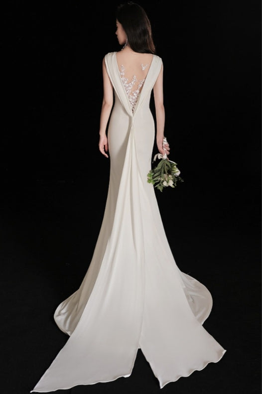 Elegant Sleeveless Mermaid Satin Simple Train Dress Wedding Dress with Lace Open Back