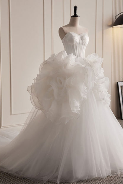 Grand White Ruffled Train Dress Wedding Dress Strapless