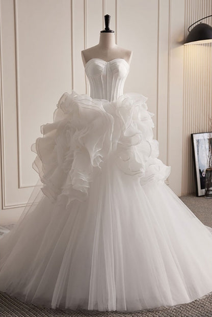 Grand White Ruffled Train Dress Wedding Dress Strapless