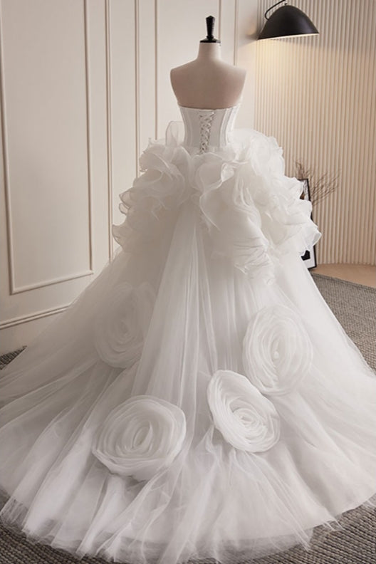 Grand White Ruffled Train Dress Wedding Dress Strapless