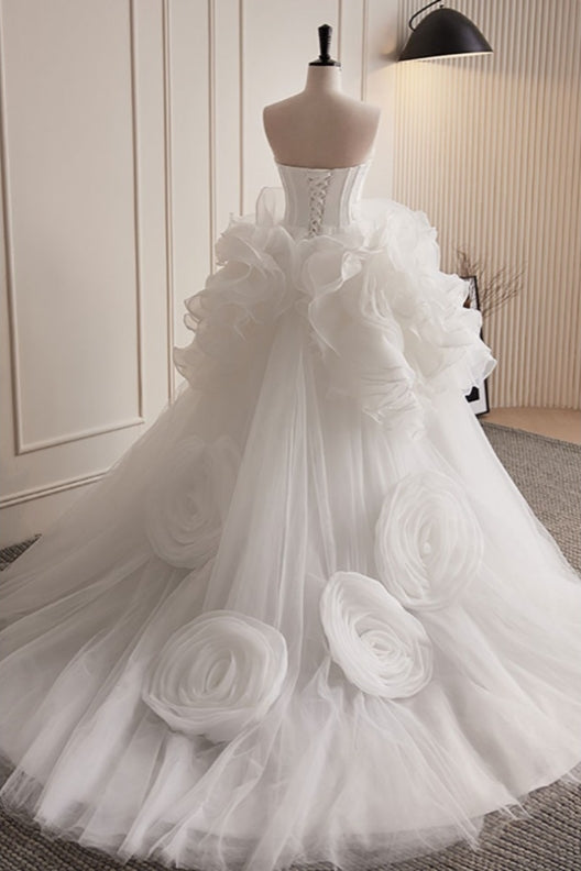 Grand White Ruffled Train Dress Wedding Dress Strapless – Koutun Dress