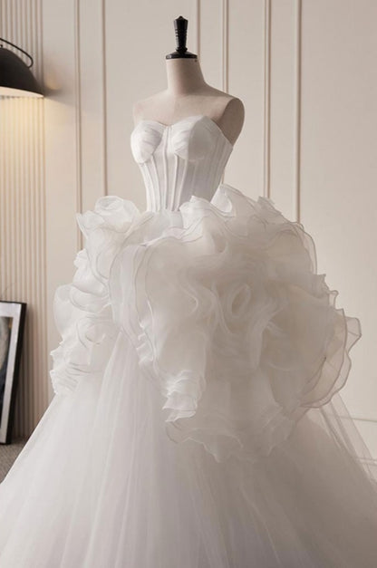 Grand White Ruffled Train Dress Wedding Dress Strapless