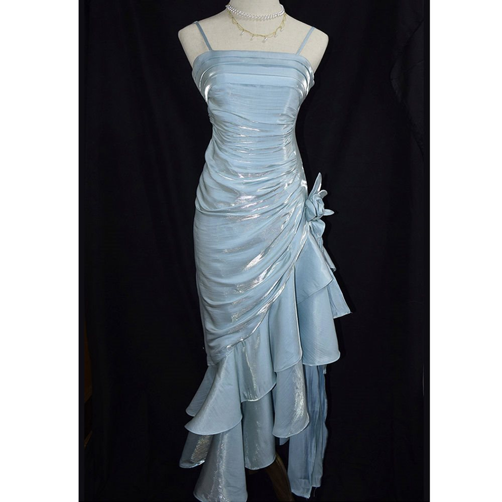 Charming Mermaid High Low Satin Straps Party Dress Vintage Style Prom Dress