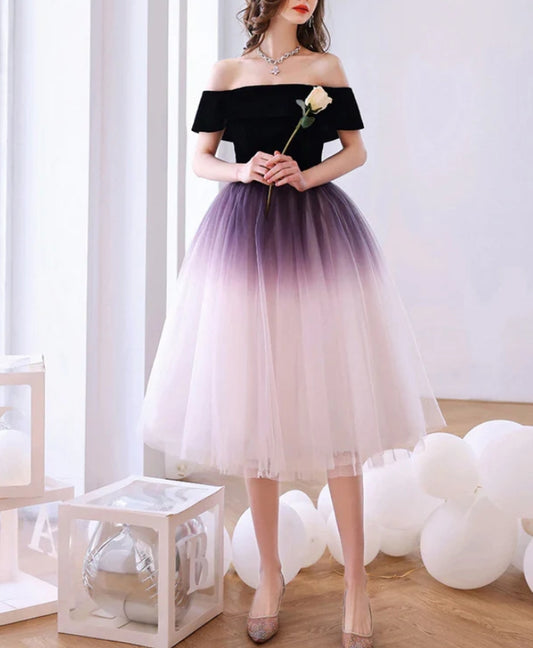 Cute A-Line Purple Tulle Off Shoulder Gradient Party Dress Purple Tulle Short Homecoming Dress